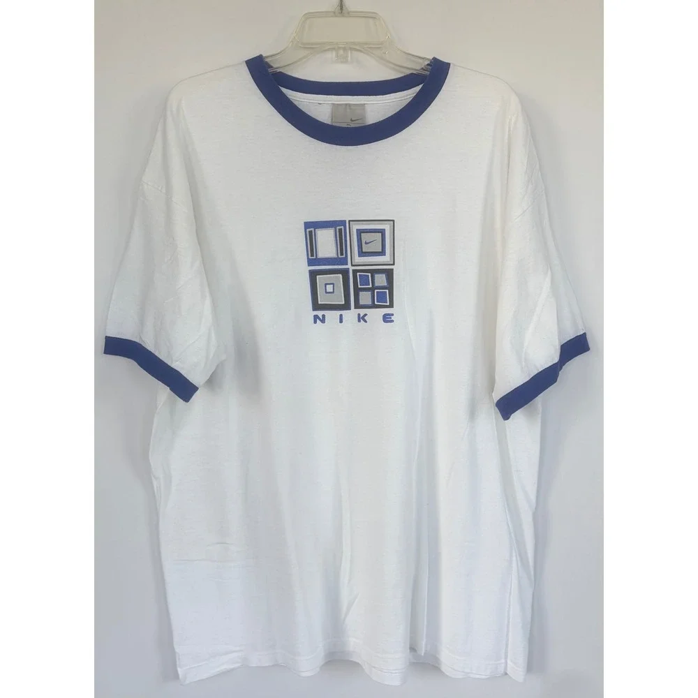 Vintage Nike Ringer T Shirt Mens XL White Blue Geometric Graphic Made USA Cotton